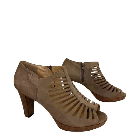 PAUL GREEN Women's Ankle Shootie UK 6 8.5 Beige Suede Peep Toe Zip Block Heel - Picture 1 of 9